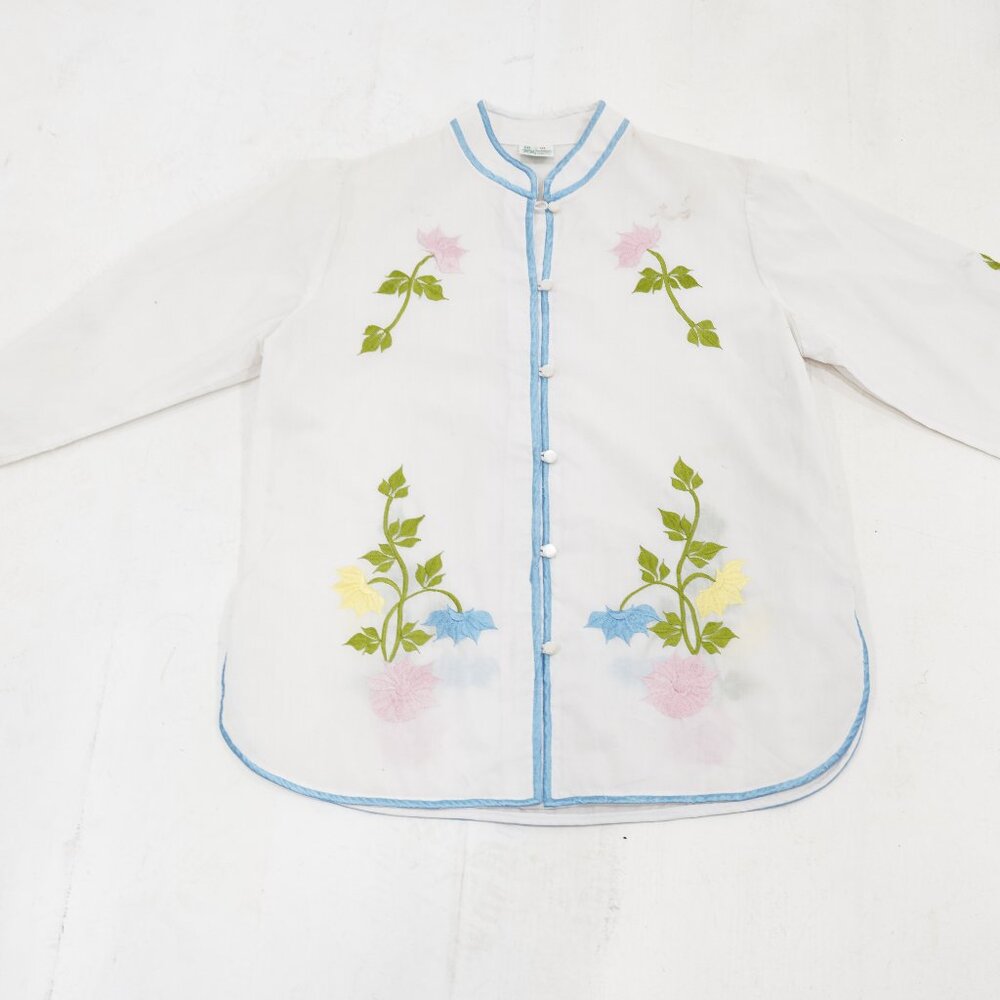 Vintage Caro of Honolulu Embroidered White Blouse Mandarin Collar Sz 10